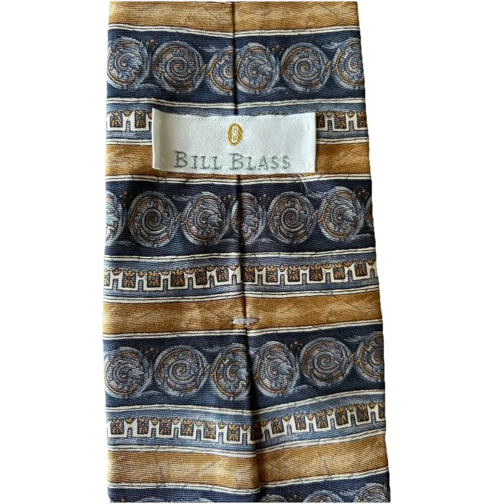 VTG 80s 90s Bill Blass Silk Tie Ivy League Blue Tan Classic Geometric Pattern